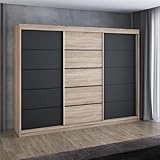 A&J MöbelLand Mero Schwebetürenschrank 200 cm, Kleiderschrank 3-türig mit 4 Schubladen...