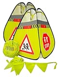 HECKBO 2x Straßenwarnschild Achtung Kinder Schild spielende Pylonen + Wimpelkette - Kinder...