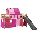 Goldicoo Kinder Hochbett Spielbett aus Massivholz Kiefer mit Vorhänge, Rutsche & Tunnel – Rosa,...