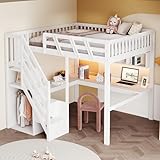 RIAZOS Kinderbett Hochbett 140x200 cm, Treppe mit Kleiderstange und Regale, Schreibtisch mit LED...