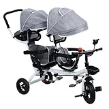 Tandem Dreirad mit Doppelsitz und Vordach, Anti-Rollover Stoßdicht Gummirad Doppel Babywagen für...