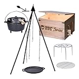 TP Premium BBQ Dutch-Oven Tripod Set, 7-teilig mit Feuer-Topf, Dreibein, Pfanne aus Gusseisen,...