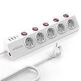 5 Fach Steckdosenleiste mit USB Einzeln Schaltbar, Weiße Mehrfachsteckdose (3680W/16A) mit 1 USB-C...