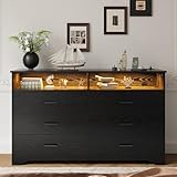 IRONCK Kommode Schwarz mit 6 Schubladen, Komodenschrank mit LED-Streifen und 2 Steckdosen, 1 USB+1...