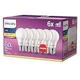 Philips LED Classic E27 Lampen 6-er Pack (60 W), matte LED Lampen mit warmweißem Licht,...