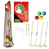 Krocketspiel aus Holz mit Schlägern, Bällen, Metalltoren und Zielmarkierungsstäben, im...