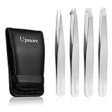 Upmore 4x Pinzette Set Edelstahl - Silbrig Augenbrauenpinzette Set Schere Pinzette, gerade schräge...