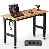 TLGREEN Schwerlast Werkbank aus Gummibaumholz, 122cm Arbeitstisch 5-stufig Verstellbare Höhen,...