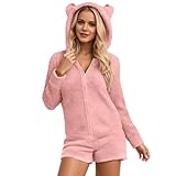 Damen Einteiler Pyjama Teddy Fleece Schlafanzug Kurz Jumpsuit Plüsch Warm Strampelanzug...