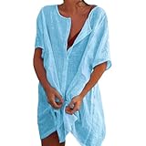 Figarge Damen Strandkleid Bikini Cover Up mit Rund Ausschnitt Knopfleiste Kurzarm 3/4 Sleeve Sommer...