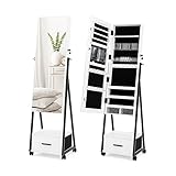 COSTWAY Schmuckschrank mit Spiegel, Schmuck Spiegelschrank mit Schublade, auf Rollen, abschließbar,...