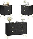 UEV Schlafzimmer Komplett-Set in schwarz, 3er-Set Schlafzimmermöbel, Kommode mit 6 Schubladen und...