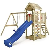 WICKEY Spielturm Klettergerüst MultiFlyer mit Holzdach, Schaukel & Blauer Rutsche, Outdoor Kinder...