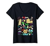 Damen I Love Italy, Enjoy Cool Italy Illustration Sketch Drawing T-Shirt mit V-Ausschnitt