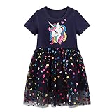 JinBei Kleid für Mädchen Pailletten Einhorn Tüll Marine Kleider Kinder Baumwolle Kurzarm Sommer...