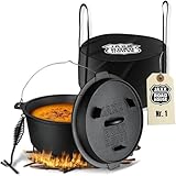 ORIGINAL DUTCH OVEN (9L), JAXX ROADHOUSE eingebrannter Gusseiserner Feuertopf mit Deckelheber &...