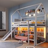 Zravenna Kinderbett Hochbett 90x200 cm, Hausbett mit Rutsche, Leiter und Regale, Bett mit...