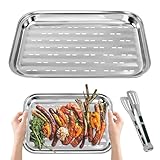 Huucozn 2 Stück BBQ Grillschalen aus Edelstahl mit 1 Grillzange, 34.9 x 24.5 x 2.7 cm Edelstahl...
