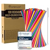 Greenland® 100 Wiederverwendbare Buntfarbene Trinkhalme mit Bürste – 21 cm lang, 6 mm breit –...