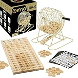 Großes Bingo Spiel Gold Metalltrommel 150 Chips, 75 Bingo Kugeln und Spielbrett aus Holz, 18...