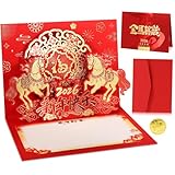 HOWAF Chinesische Neujahr Karte 3D Pop Up Karte, Jahr des Pferdes Karten Grußkarten mit Umschlägen...