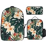 BVKWNTSA Teen Hawaiian Flower Palm Leaves Printed Schoolbag with Lunch Box And Pencil Case 3 in 1...