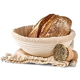 Gärkorb zum Brotbacken - Aus nachhaltigem Rattan - Rund - 25cm - Set inkl. Bürste, Leineneinlage &...