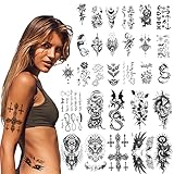 ACWOO Temporäre Tattoos, 40 Blätt Schwarz Temporäre Aufkleber, Blume Löwe Wolf Tiger Elch...