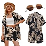 Hawaii Hemd Damen Hawaii Outfit Kurzarm Shirt Shorts Hawaiihemd Floral Sommer Tropisch Aloha Strand...