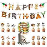 VIKY® 28 Stück Waldtiere Geburtstag Deko Set, Happy Birthday Girlande, Tiere Cake Topper, Safari...