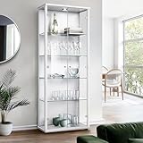 K-Möbel Glasvitrine in Weiss (176x67x33 cm) mit 4 höhenverstellbaren Glasböden & LED - Modellauto...