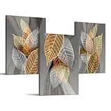 hyidecorart Bilder Schlafzimmer 30x40 cm 3er Set Wanddeko Gold Abstract Blätter, Modern Bilder mit...