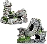 2pcs Aquarium Rock Cave Dekoration mit Grün Gras für Fische Garnelen Verstecken Aquarium...