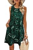 BDTECAOR Damen Boho Sommerkleid Ärmellos Lässig Locker Swing Tankkleider mit Tasche Blattgrün M