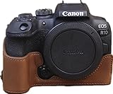 First2sav PU-Leder Kameratasche Hälfte Cover Tasche kompatibel mit Canon EOS R10(Dunkelbraun)