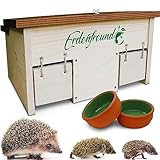 ERDENFREUND® Igelfutterhaus mit Rattenklappe + 2er Set Wasser- & Futternapf Igelhaus mit...