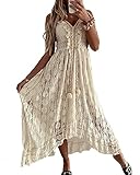 SANSIWU Damen V-Ausschnitt, ärmellos, Strick, Spitze, Ausschnitt, Sling-Maxikleid, Rüschen,...