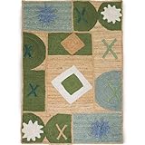 Farmhouse Rustikaler natürlicher Jute-Teppich, handgewebt, geflochtener Teppich, grünes...
