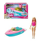 Barbie Speedboat Set, Barbiepuppe mit blonden Haaren, rosa Schwimmweste, Boot, Welpe, Zubehör,...