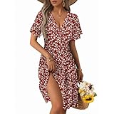 CLOUSPO Sommerkleid Damen Elegant Kurzarm Freizeit Kleider Strandkleid mit V Ausschnitt Midi Summer...
