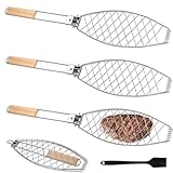 3er-Set Fisch Grillhalter mit Holzgriff, 63x12cm Große Fischbräter Fischgriller mit Griff aus...