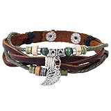 Morella Damen Lederarmband braun Holzperlen Kordel und Blatt Charm Anhänger