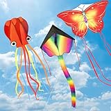 3Stk Drachen Kinder,Große Schmetterlingsdrachen, Bunt Delta Flugdrachen und Rote Oktopus...