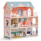 ROBUD Puppenhaus aus Holz mit Möbeln und Zubehör Mädchen Häuser Spielhaus Spielraum Spielzeug...