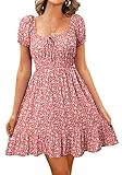 Livonmone Damen Kleid Lässig Sommerkleid Blumendruck Hohe Taille Kleider Puff Ärmel Retro Sexy...