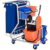 HOMCOM Putzwagen Reinigungswagen 4 Fahreimer Wischwagen Systemwagen mit Rollen Blau Orange 100 x 70...