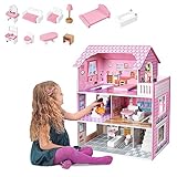 JOIEYOU Puppenhaus aus Holz Puppen Spielhaus 3 Etagen, 60x24x70cm Große Puppenvilla mit Möbeln und...