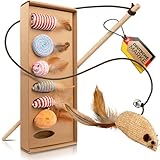Katzenspielzeug Natur 7 Teile Set, Maus aus Plüsch und Sisalseil mit Federn inkl. Katzenangel aus...
