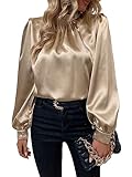 GORGLITTER Damen Satin Blusen Elegant Tunika Stehkragen Hemdbluse Laternenärmeln Oberteile OL...