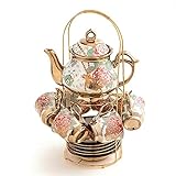 Gold Plated Red Rose Ceramic Tea Set, Vintage Tea Set with Teapot, Beautiful Tea Set Coffee Serving...